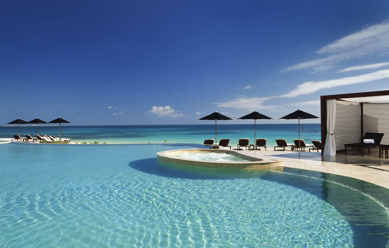 Photo wallpaper beach, the ocean, stay, view, pool, horizon, relax, Mexico