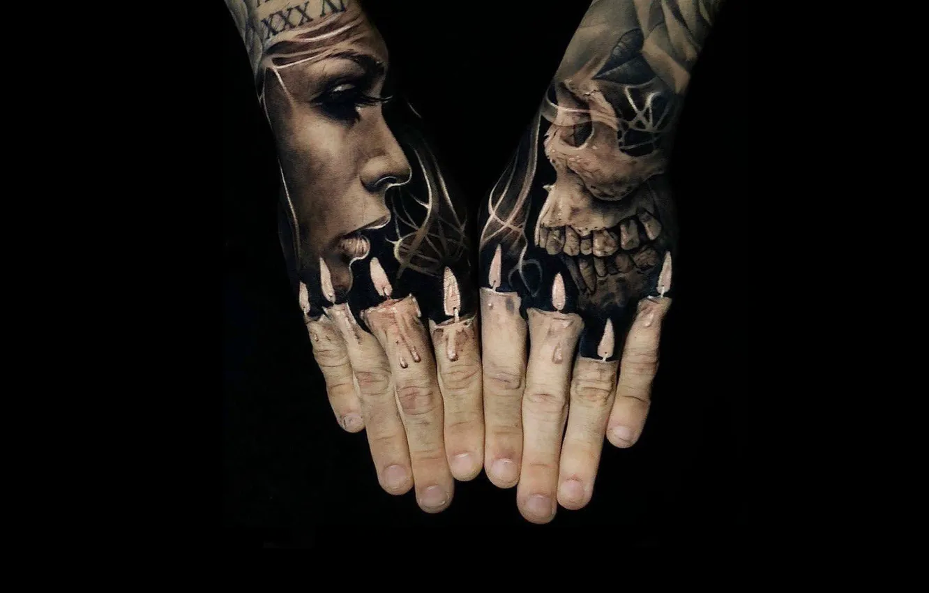 Photo wallpaper background, black, figure, skull, candles, hands, tattoo, tattoo