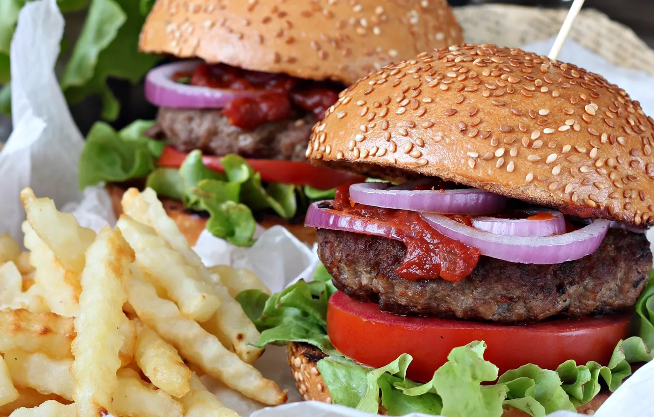 Photo wallpaper meat, vegetables, hamburger, sesame, buns, potatoes
