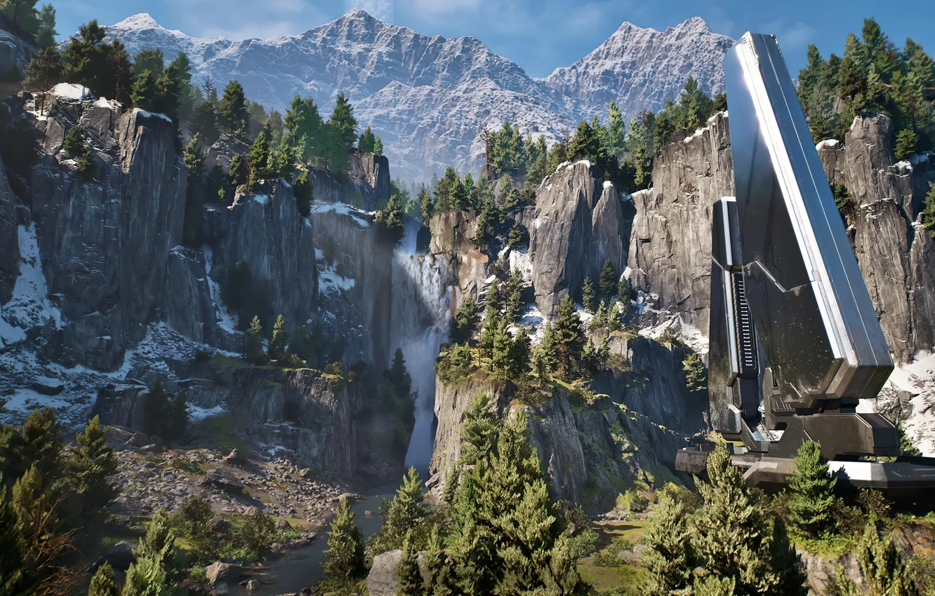 Photo wallpaper forest, mountains, nature, river, fiction, the game, waterfall, Halo Infinite