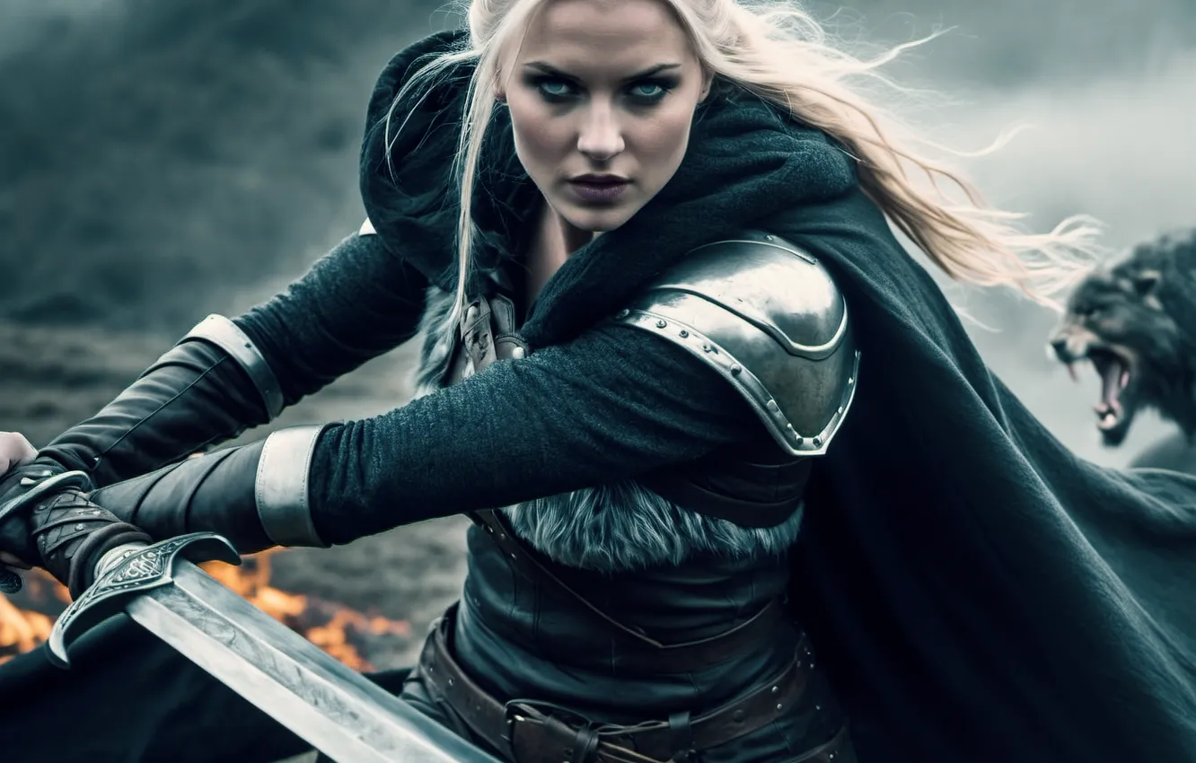 Photo wallpaper girl, sword, fantasy, warrior, AI art, neural network