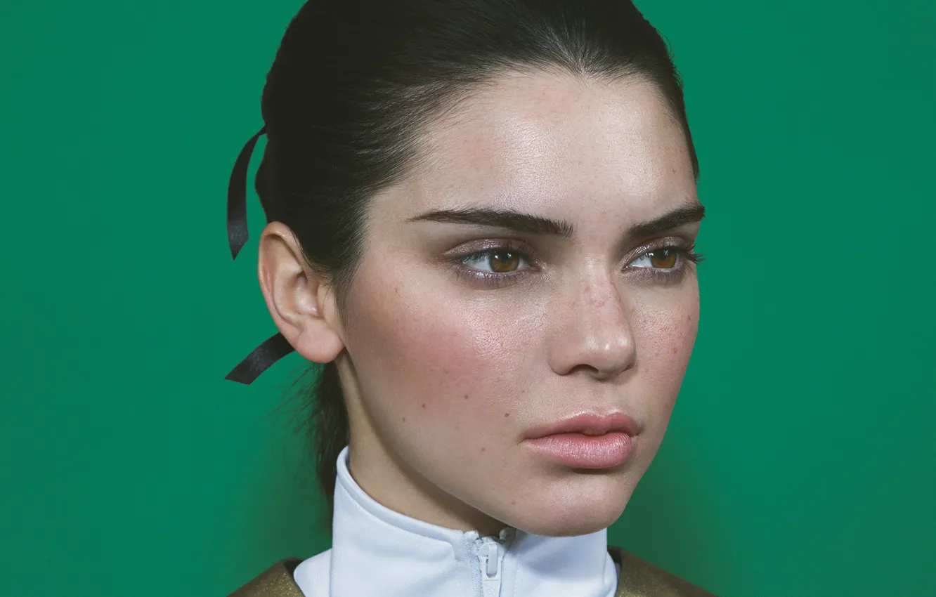 Photo wallpaper face, green, background, model, portrait, makeup, brunette, hairstyle