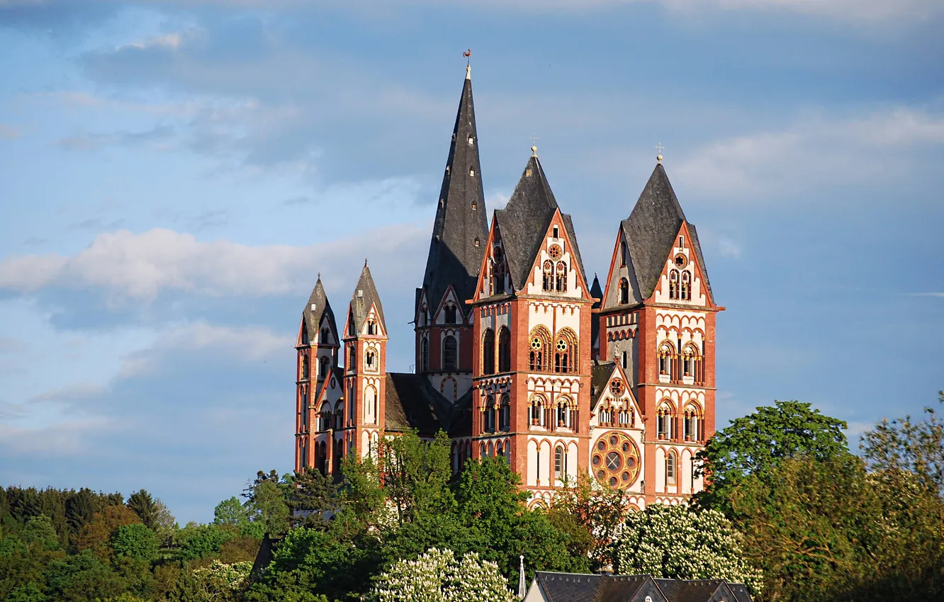 Photo wallpaper the sky, clouds, trees, Germany, Gothic architecture, Limburg an der Lahn, Limburg Cathedral, Romanesque architecture