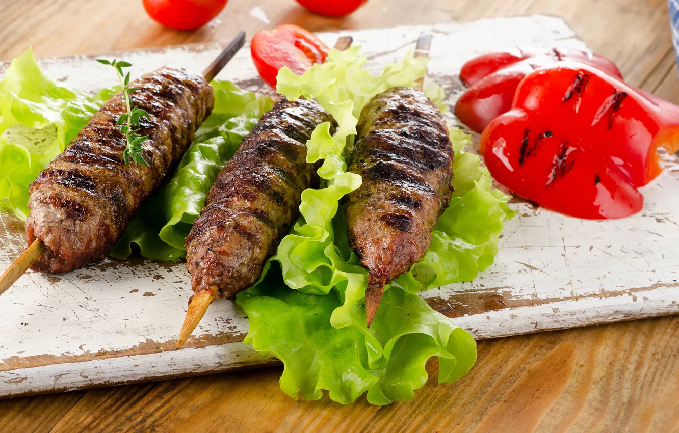 Photo wallpaper leaves, meat, pepper, vegetables, tomatoes, salad, kebab