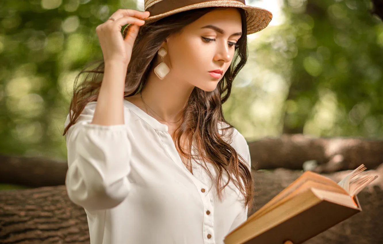 Photo wallpaper girl, pose, hat, hands, blouse, book, long hair, reading