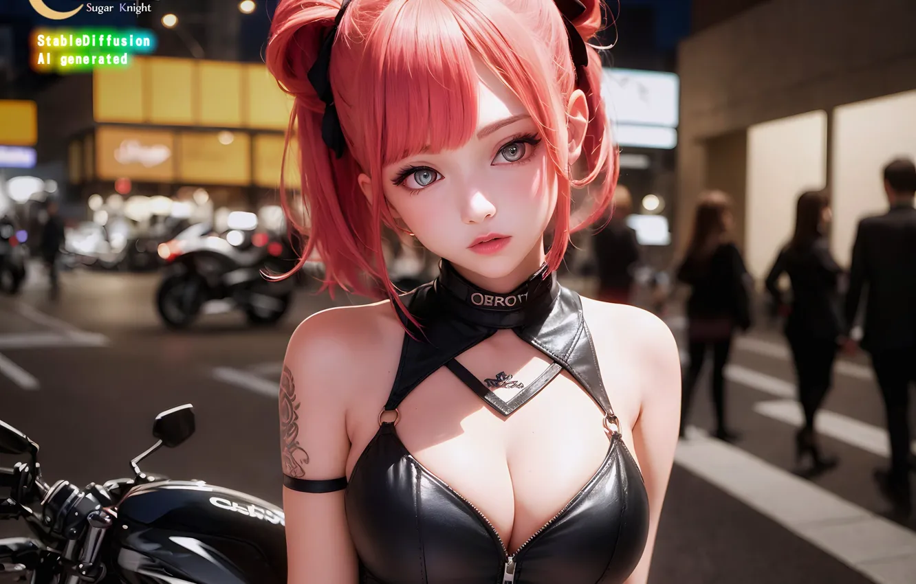 Photo wallpaper pink hair, night, motorcycle, people, tattoo, women, leather clothing, Stable Diffusion