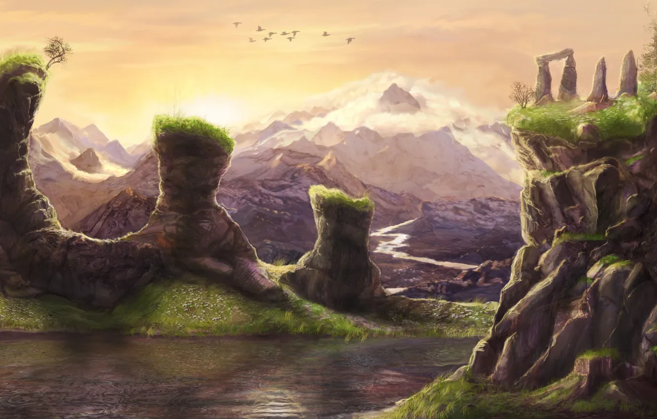 Photo wallpaper grass, trees, river, stones, open, hills, bird, art