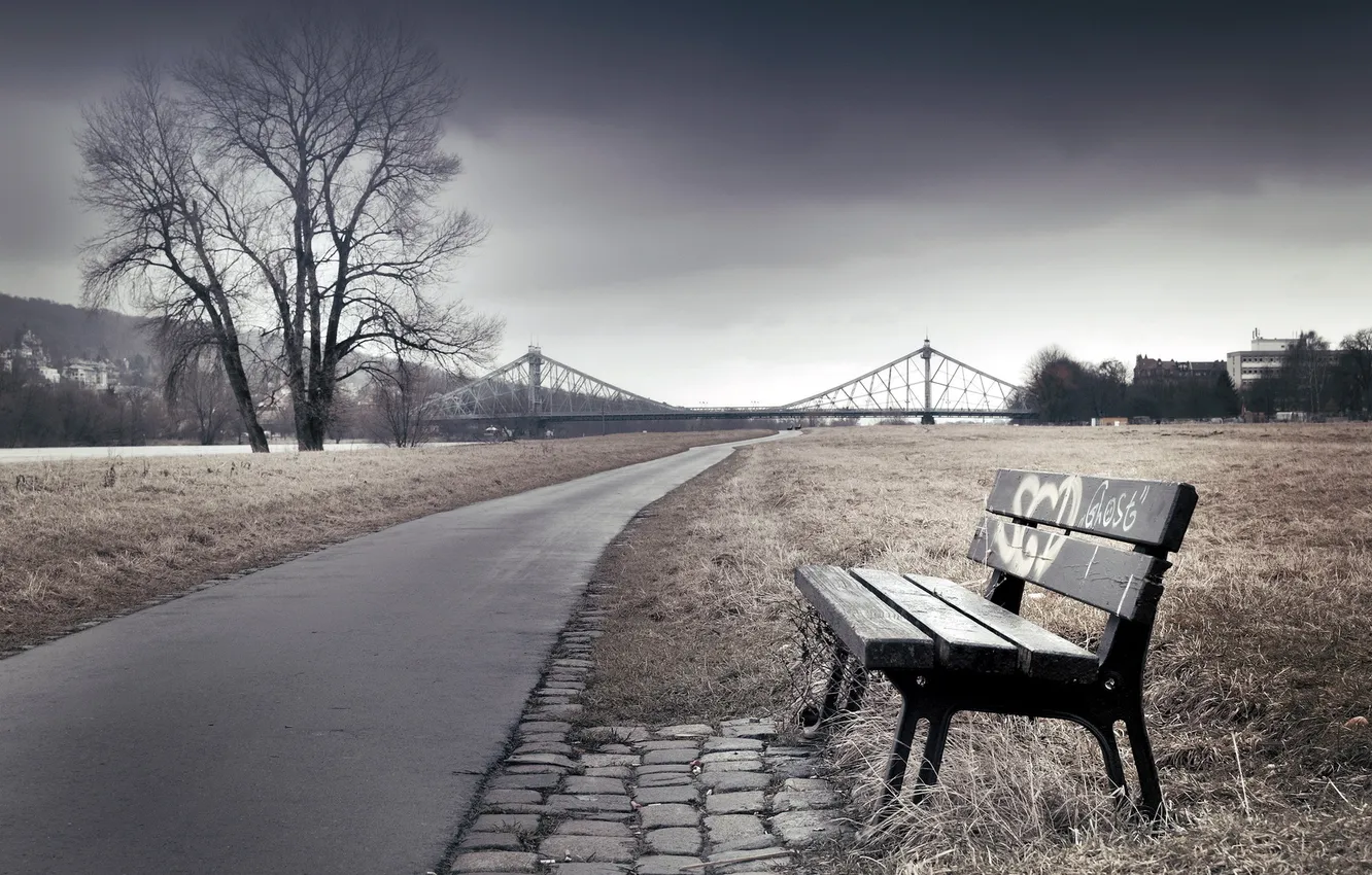 Photo wallpaper landscape, bridge, the city, bench