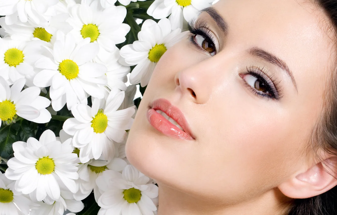 Photo wallpaper look, flowers, face, chamomile