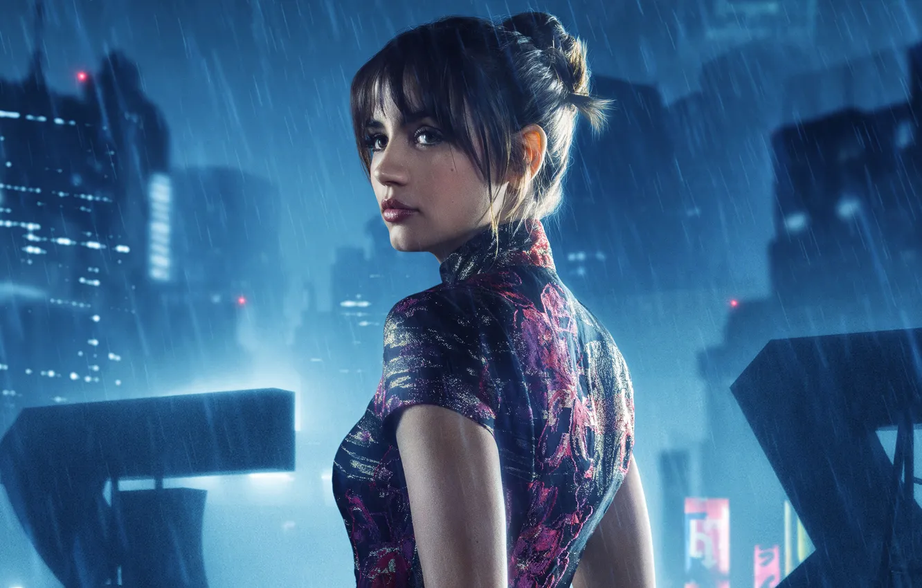 Photo wallpaper night, the city, lights, fiction, rain, dress, brunette, hairstyle