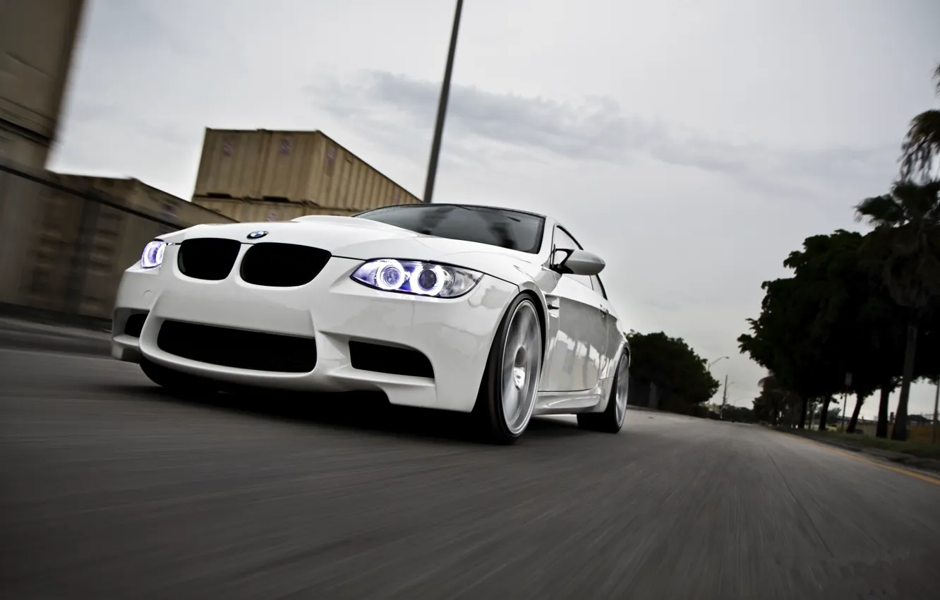 Photo wallpaper road, white, the sky, palm trees, bmw, BMW, white, road