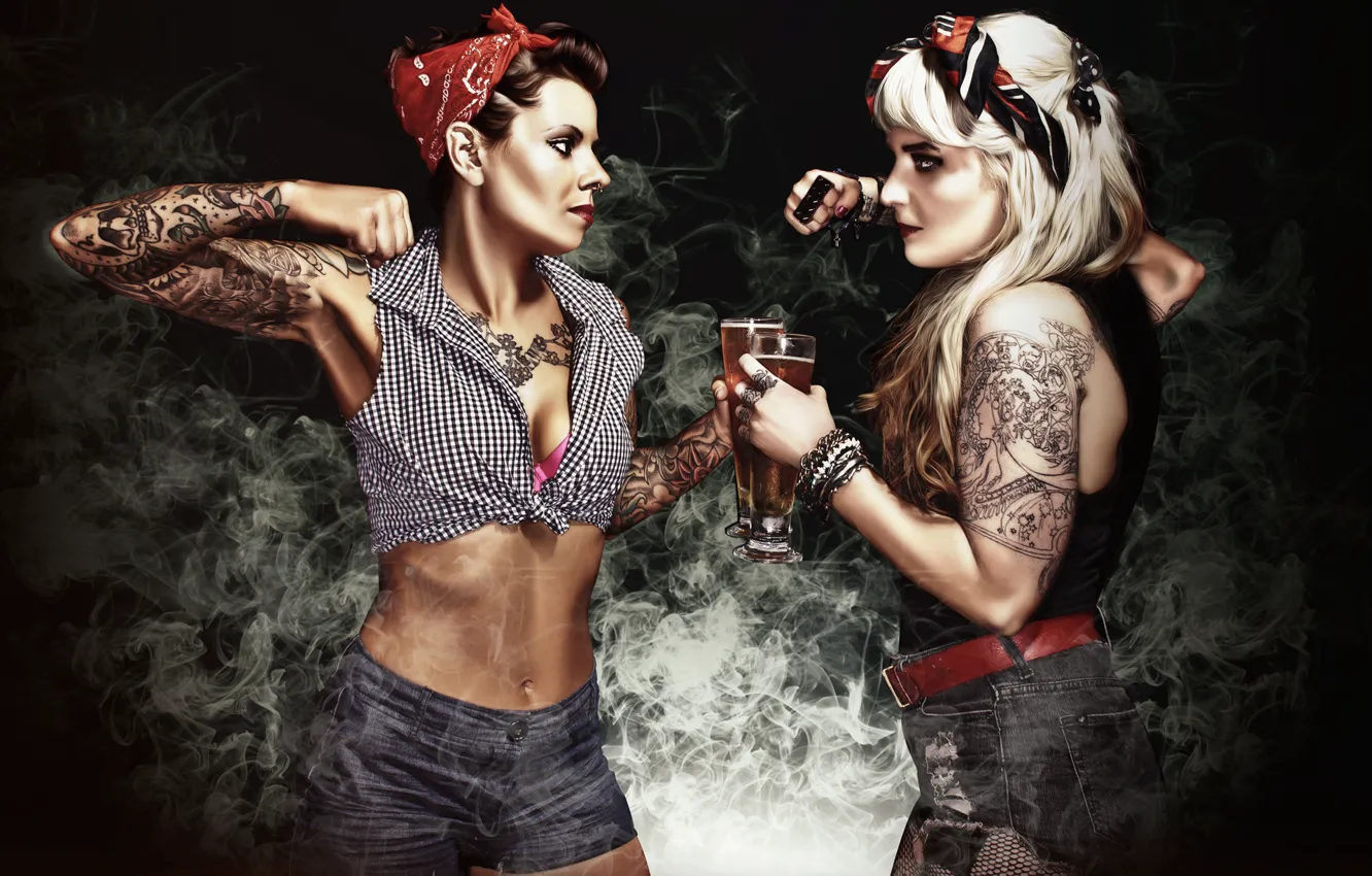 Photo wallpaper girls, smoke, beer, tattoo, fight, girls, photographer, fight