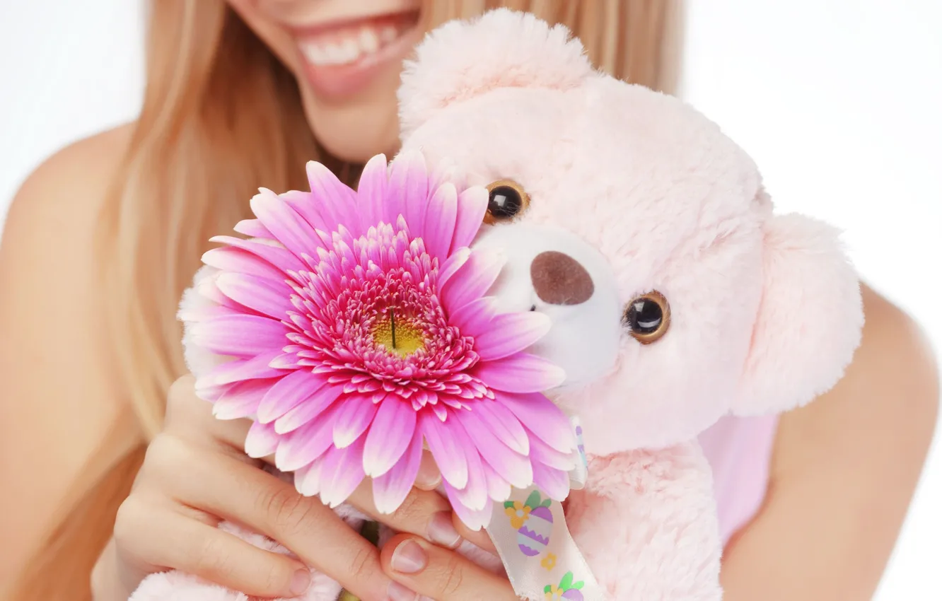 Photo wallpaper flower, girl, toy, bear