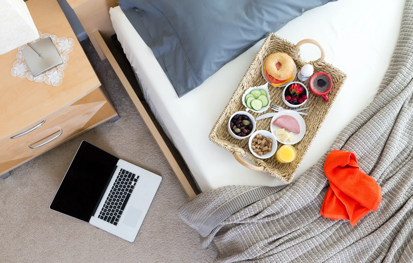 Photo wallpaper berries, coffee, food, cheese, juice, sandwich, olives, Breakfast in bed