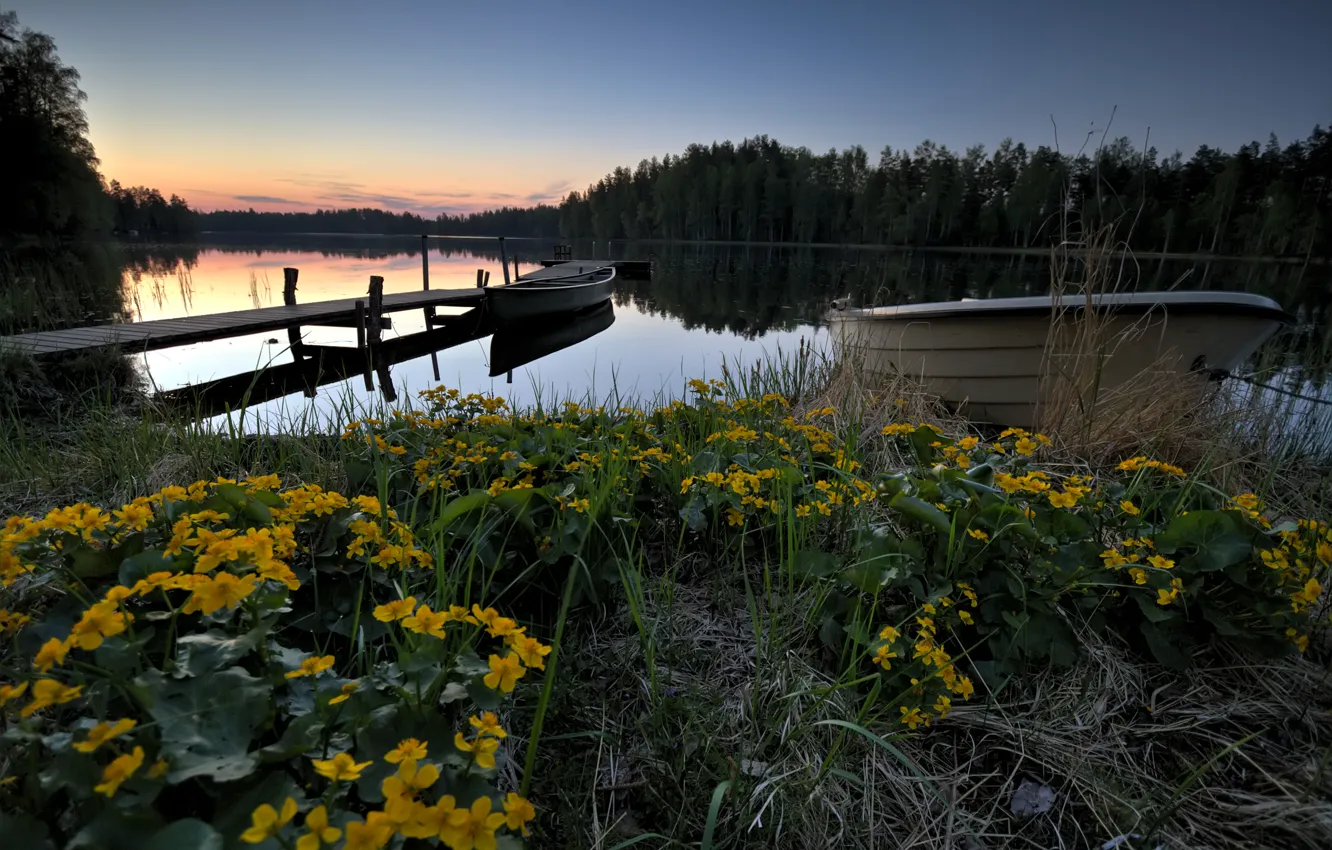 Photo wallpaper lake, boats, the evening, pier, Finland, lake Lummenne