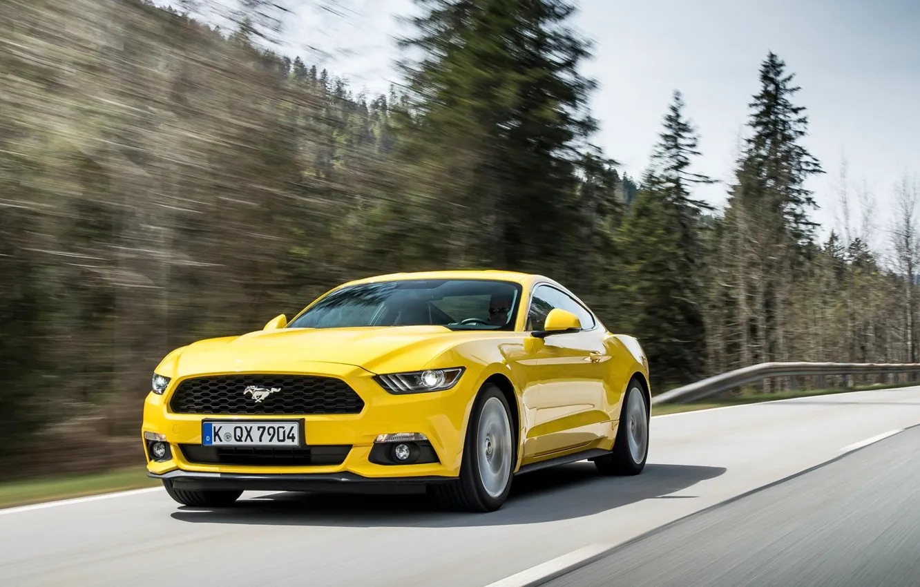 Photo wallpaper road, forest, yellow, speed, Ford Mustang