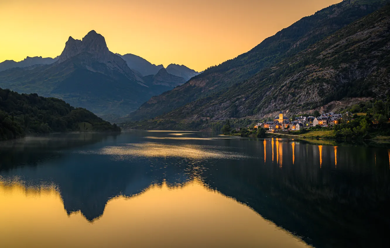 Photo wallpaper house, settlement, reflection, mountains, shore, pond