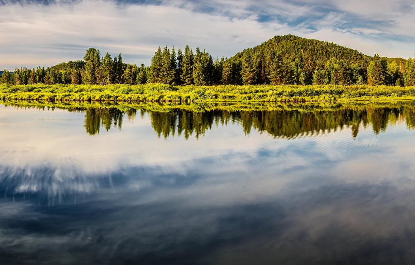 Photo wallpaper mountains, lake, island, panorama, Grand Teton, Grand Teton National Park, Oxbow