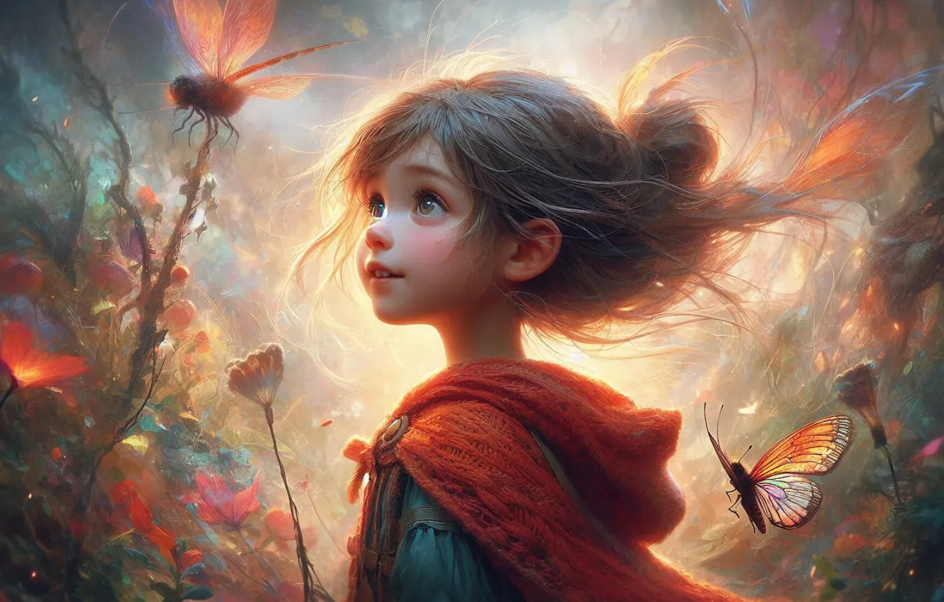 Photo wallpaper look, light, flowers, nature, fantasy, butterfly, dragonfly, girl