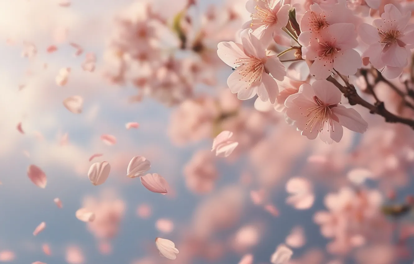 Photo wallpaper light, flight, flowers, branches, cherry, spring, petals, garden