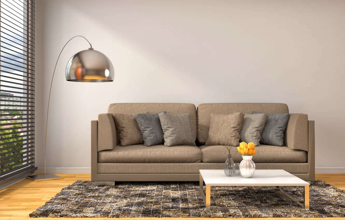 Photo wallpaper flowers, design, sofa, interior, pillow, window, vase, table