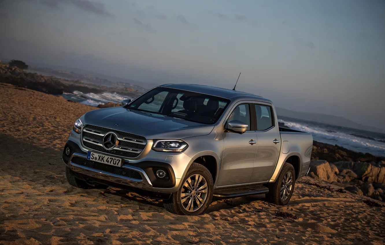 Photo wallpaper sand, sea, wave, beach, water, grey, Mercedes-Benz, silver