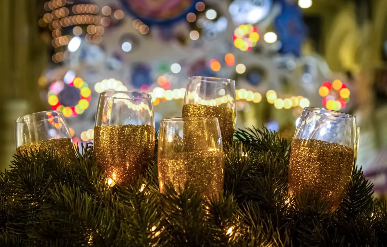 Photo wallpaper spruce, New Year, glasses, Christmas, champagne, Christmas, New Year, Xmas