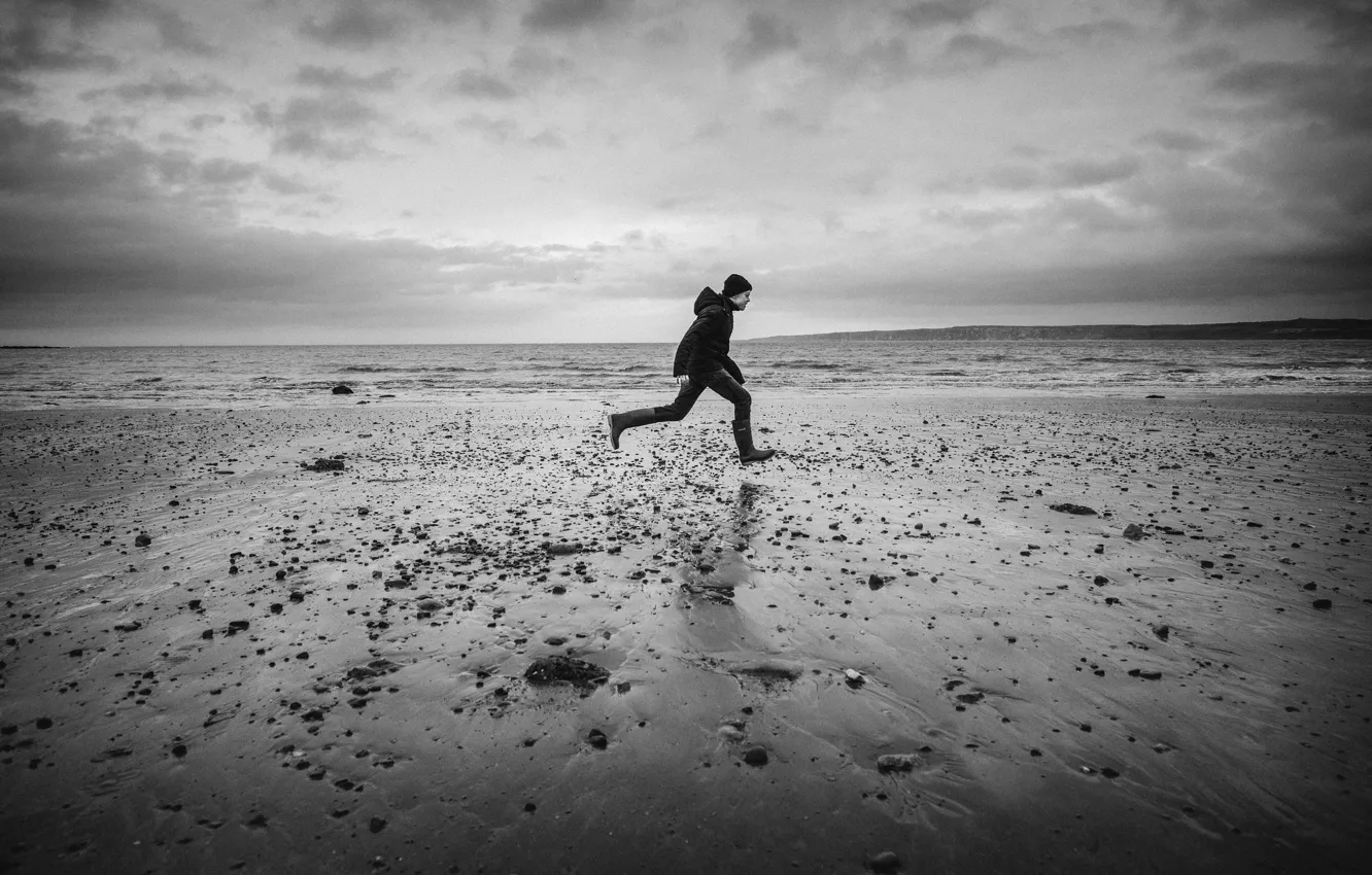 Photo wallpaper wave, beach, the sky, clouds, male, rainy, launched