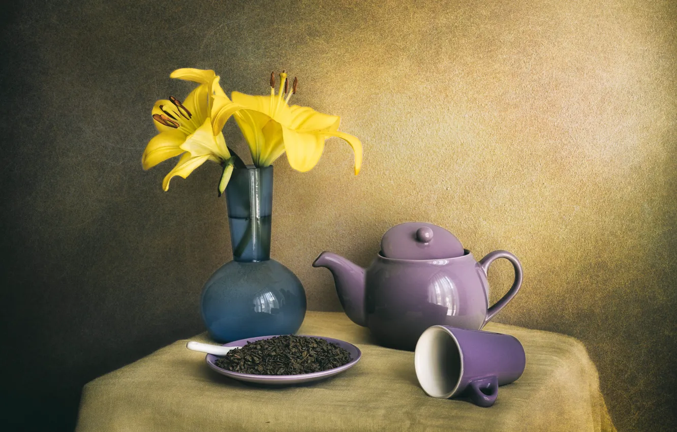 Photo wallpaper flowers, table, wall, tea, Lily, bouquet, yellow, kettle