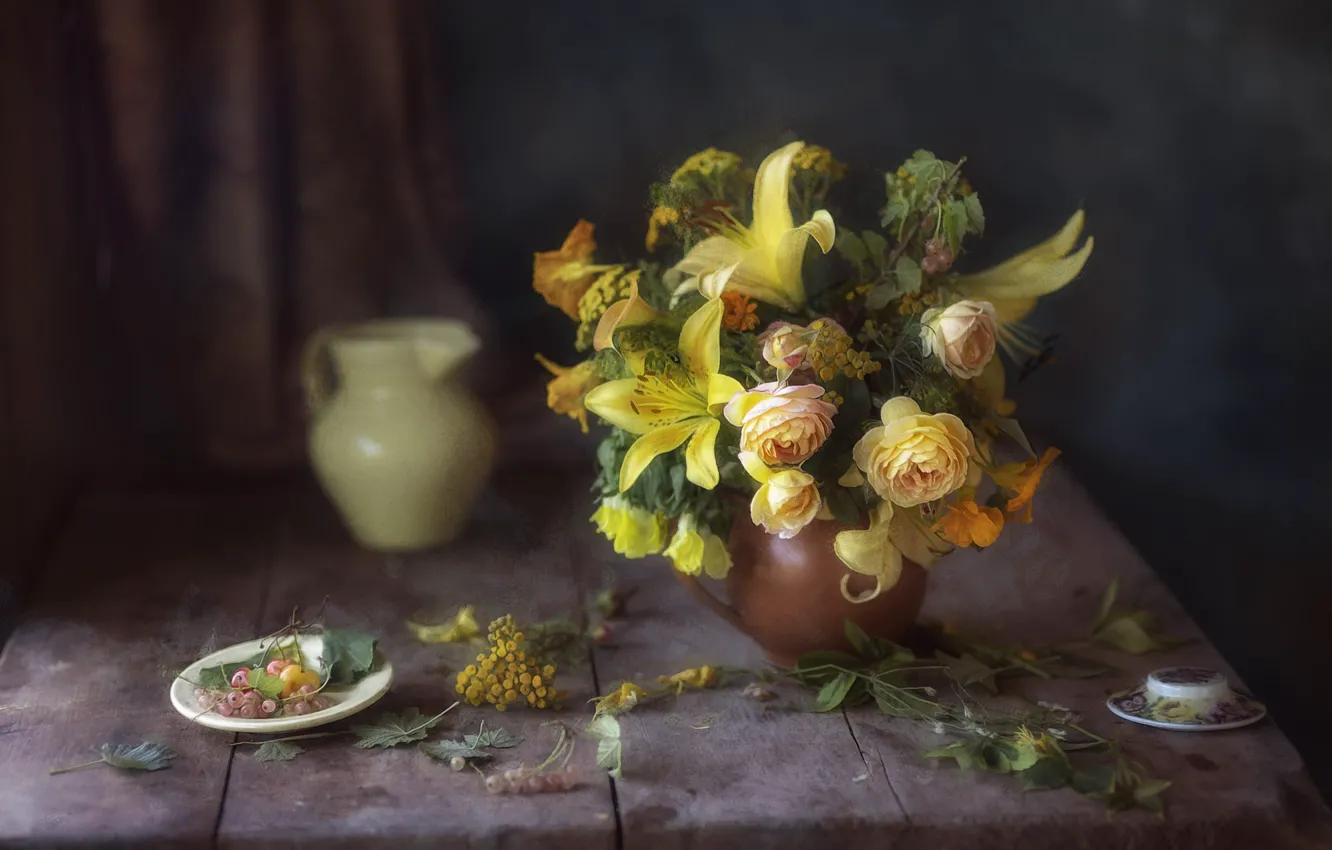 Photo wallpaper leaves, flowers, yellow, table, Board, Lily, roses, bouquet
