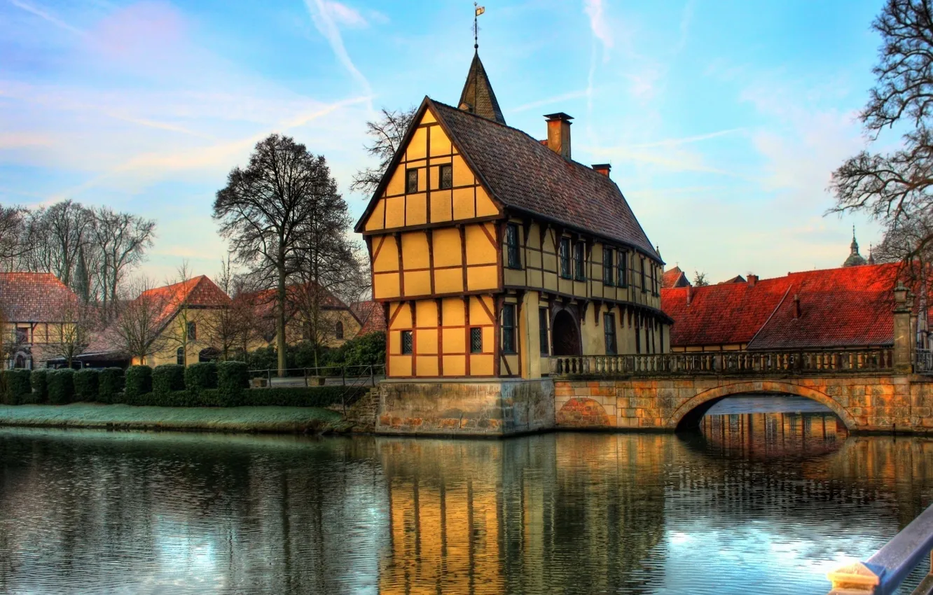 Photo wallpaper the sky, clouds, trees, landscape, bridge, nature, river, home