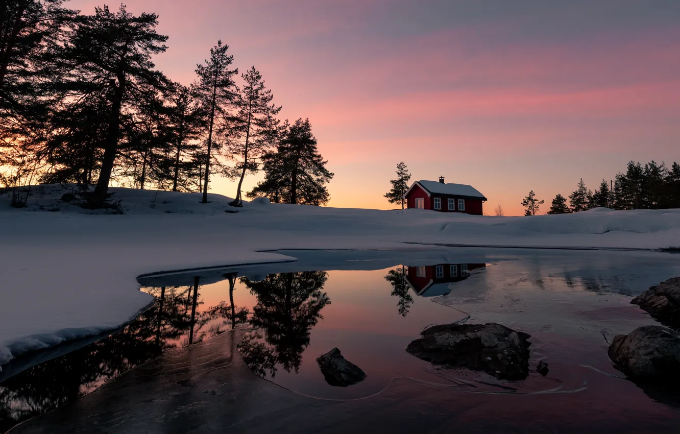 Photo wallpaper winter, the sky, snow, trees, sunset, lake, house, reflection