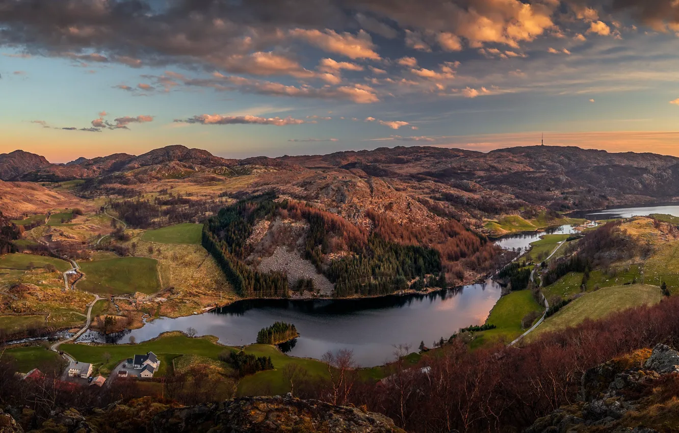 Photo wallpaper the sky, clouds, trees, mountains, river, stones, field, Norway