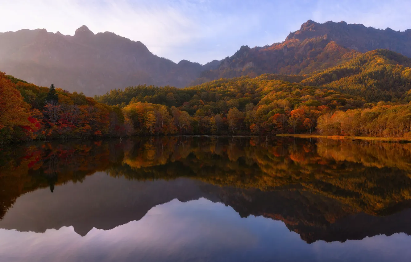 Photo wallpaper autumn, forest, the sky, clouds, trees, landscape, mountains, lake