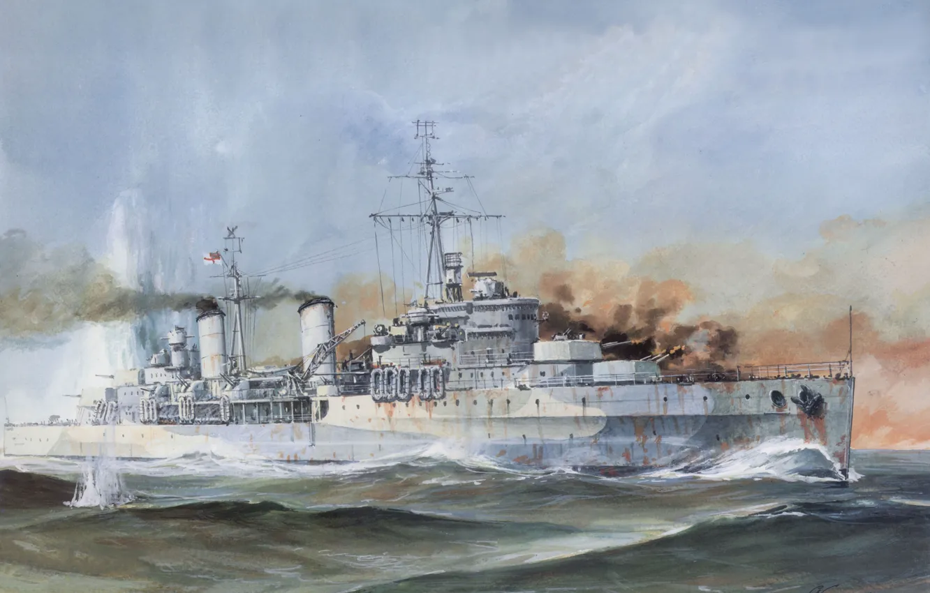 Photo wallpaper smoke, figure, explosions, battle, Navy, sea, shots, cruiser