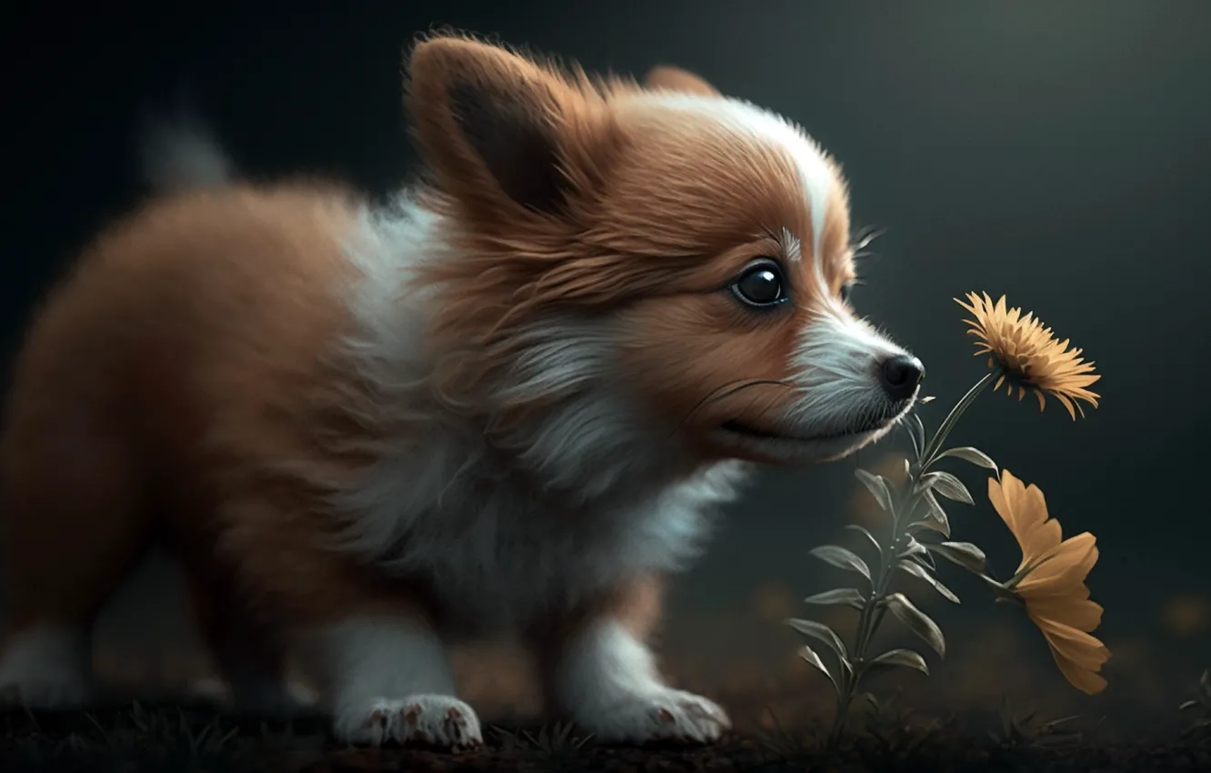 Photo wallpaper flowers, dog, puppy, digital art, AI art, The Art of Artificial Intelligence, neural network