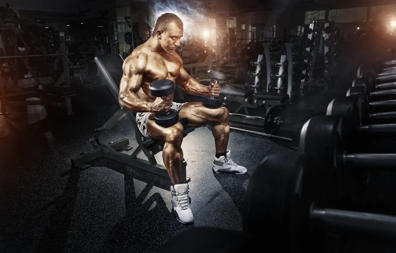Photo wallpaper sports, gym, athlete, bodybuilding, dumbbells, barbell