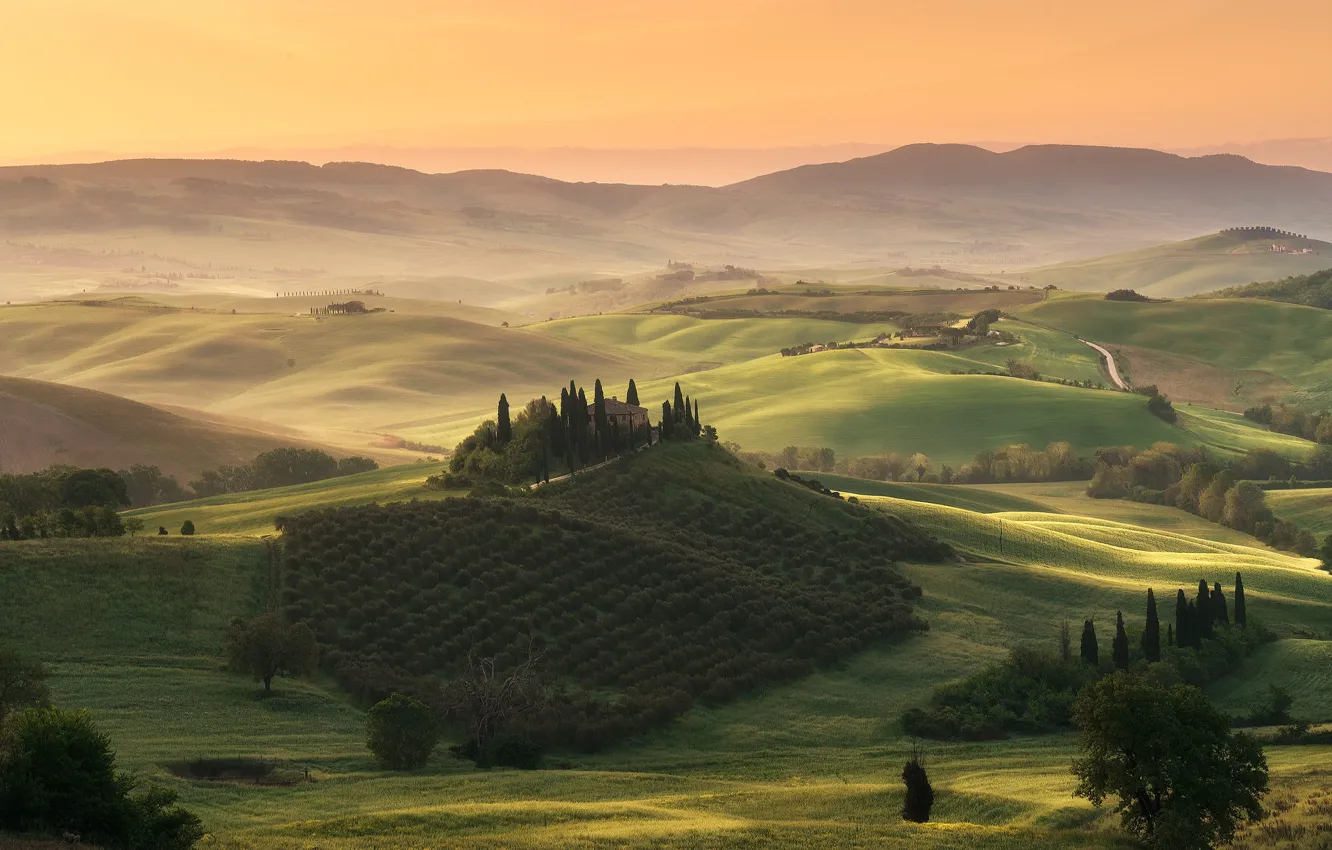 Photo wallpaper house, hills, view, field, hill, Italy, cypress, Tuscany