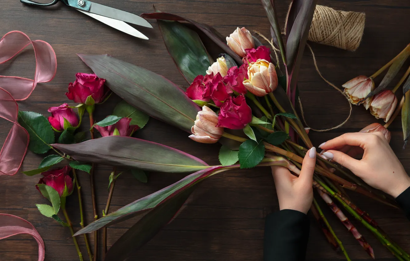 Photo wallpaper leaves, flowers, red, table, Board, roses, bouquet, rope