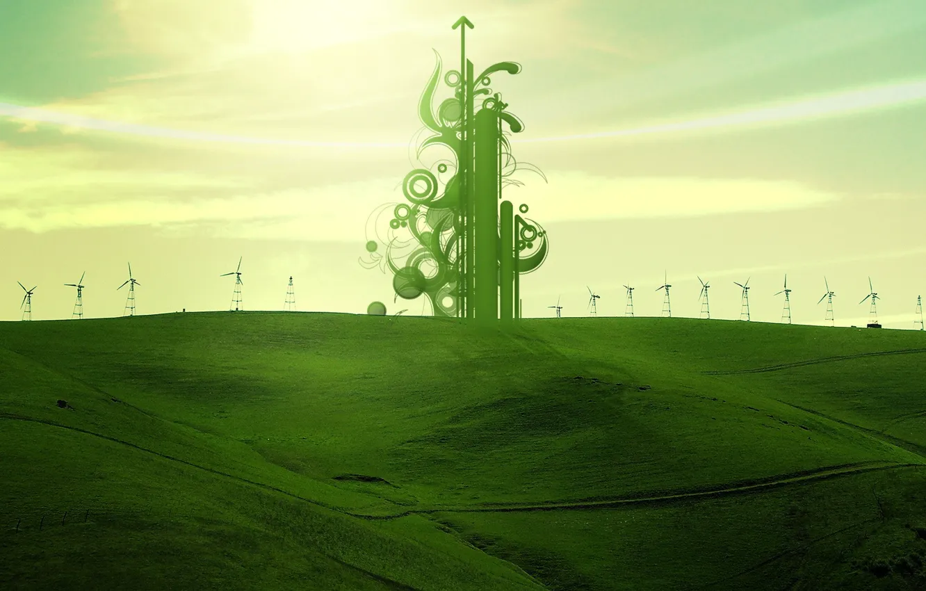 Photo wallpaper field, green, treatment, windmills