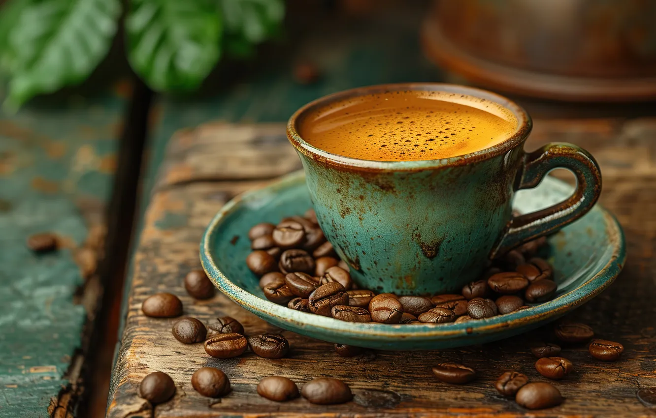 Photo wallpaper grain, wood, cup, beans, coffee, cozy, a Cup of coffee