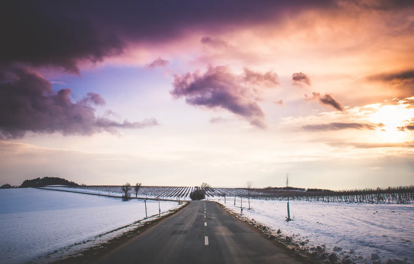 Photo wallpaper winter, road, field, the sky, snow