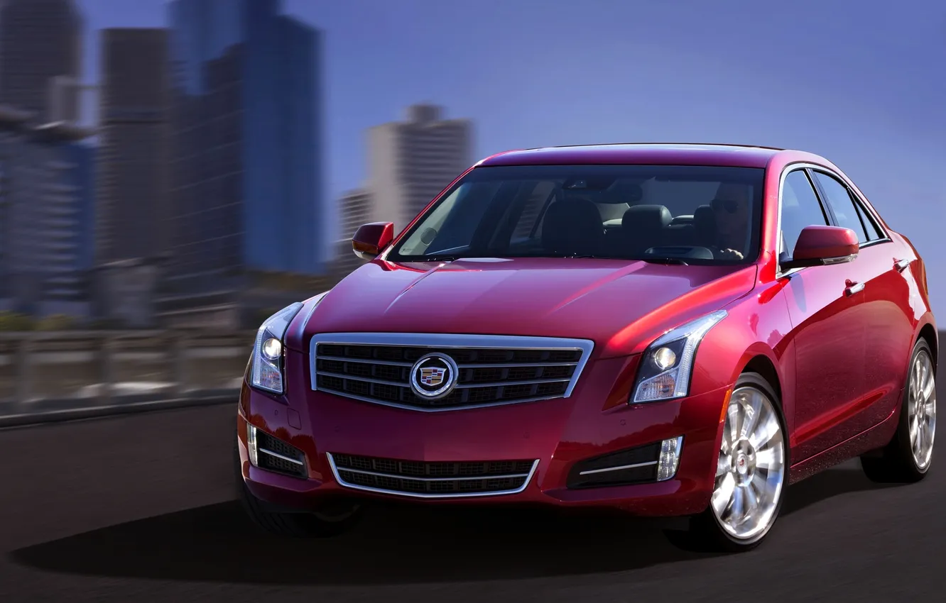Photo wallpaper Cadillac, Red, Auto, The hood, Cadillac, Lights, ATS, The front