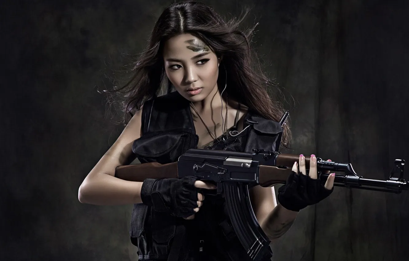 Photo wallpaper girl, machine, camouflage, uniforms