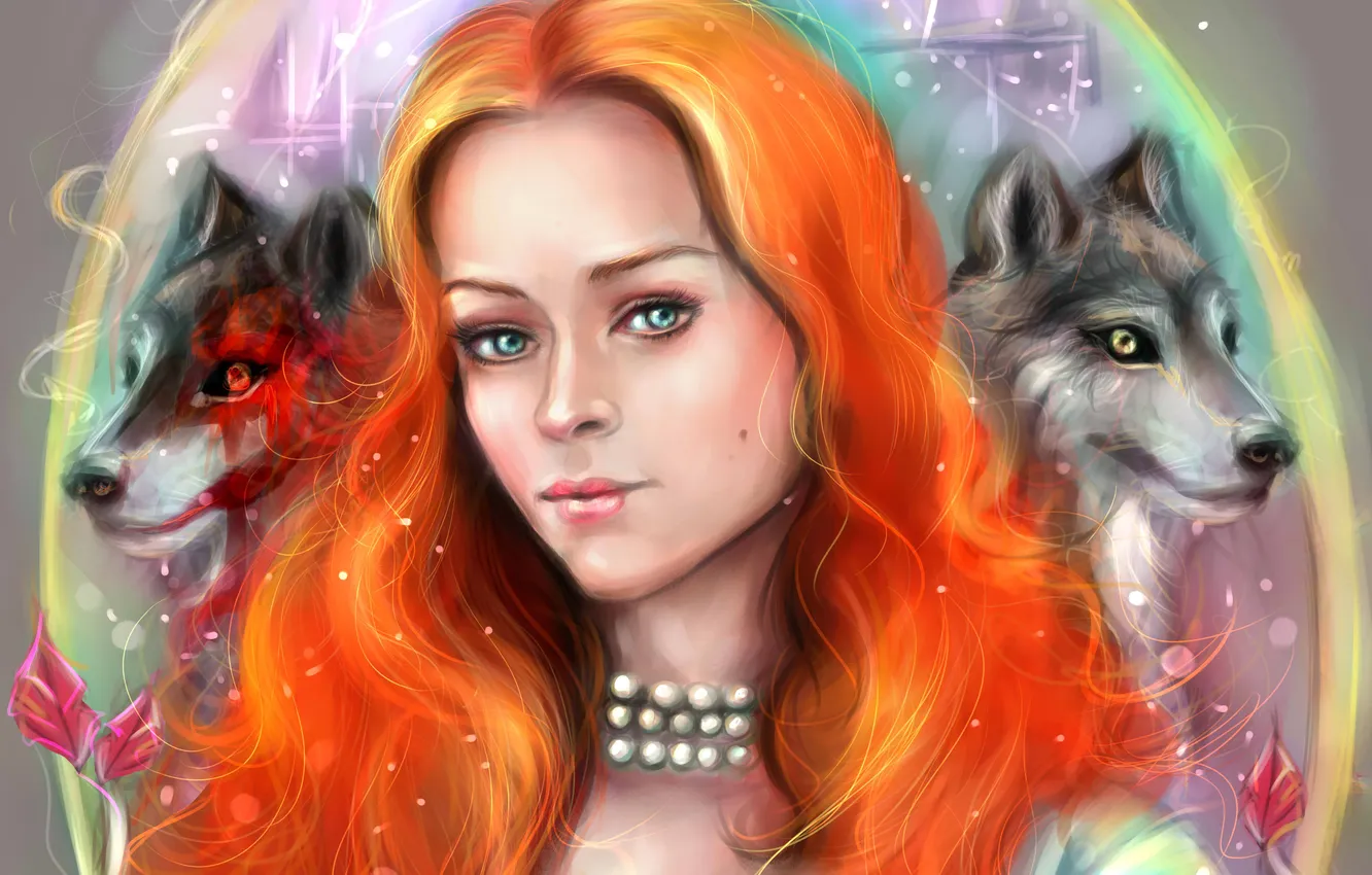 Photo wallpaper look, girl, art, pearl, wolves, red, Game of thrones, A song of ice and fire