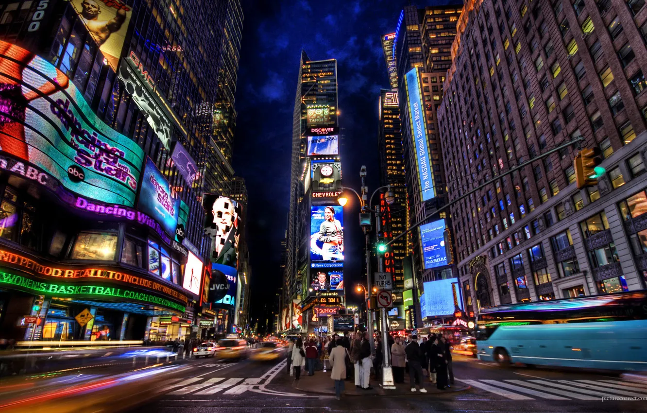 Photo wallpaper light, night, street, people, home, New York, times, square