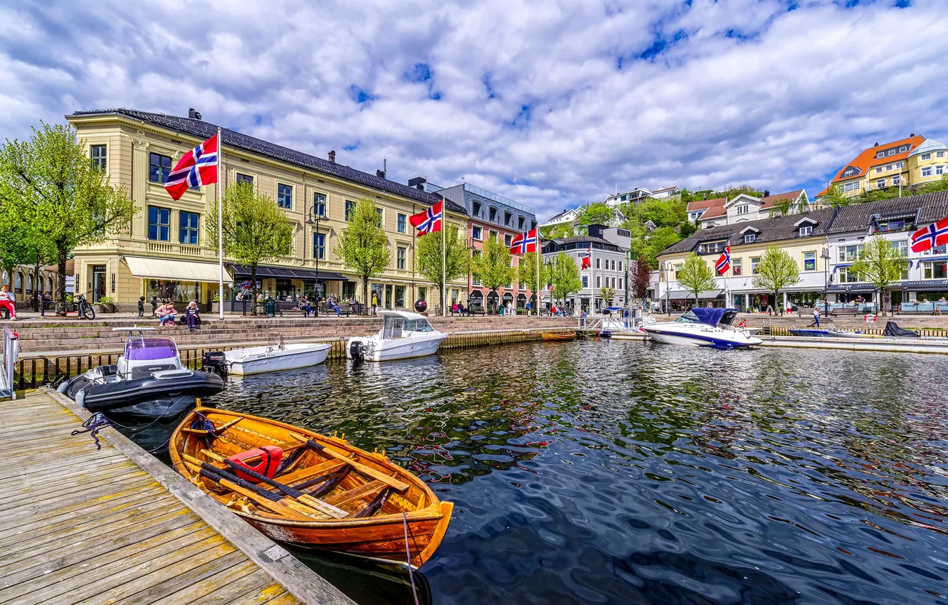 Photo wallpaper home, pier, flag, Norway, Arendal