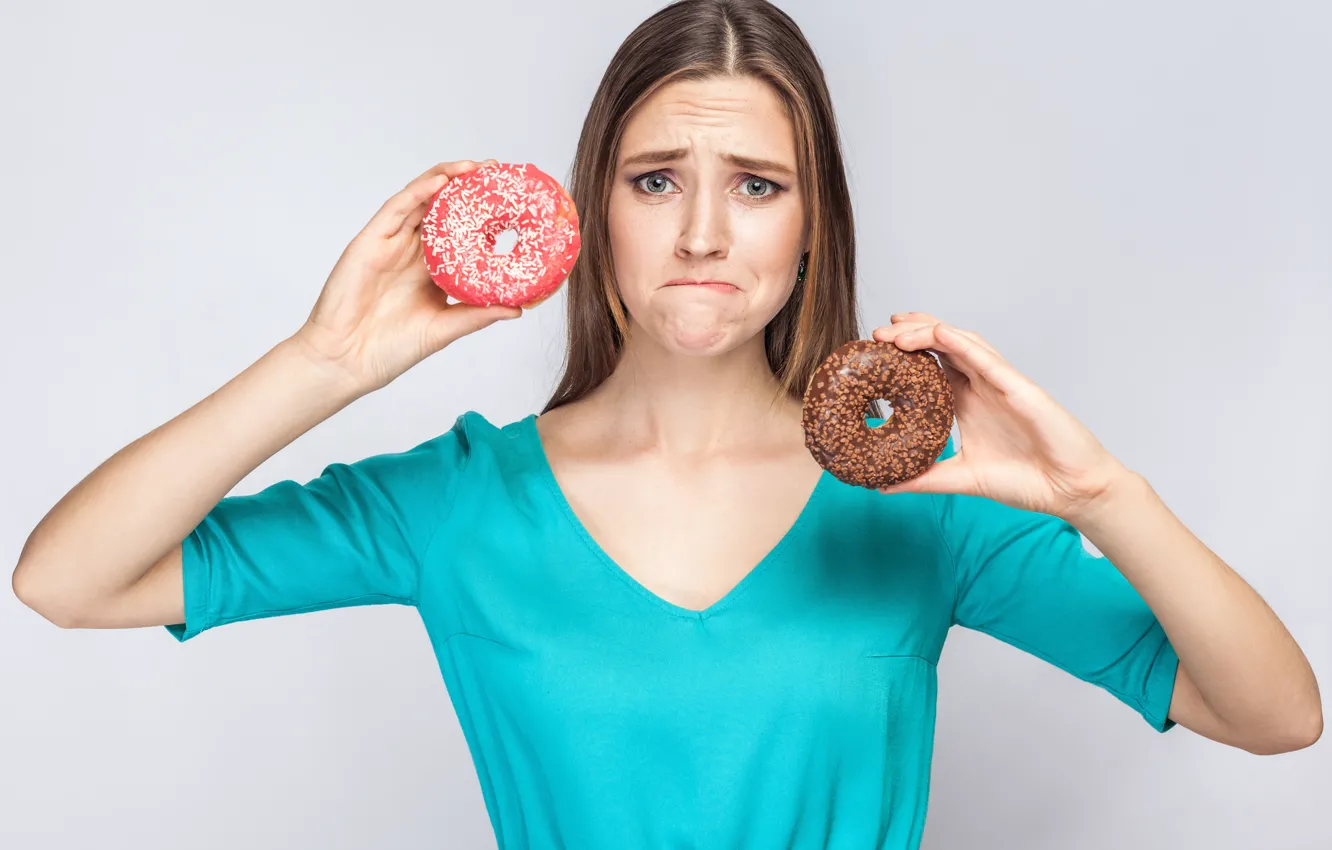 Photo wallpaper woman, donuts, diet, sad face