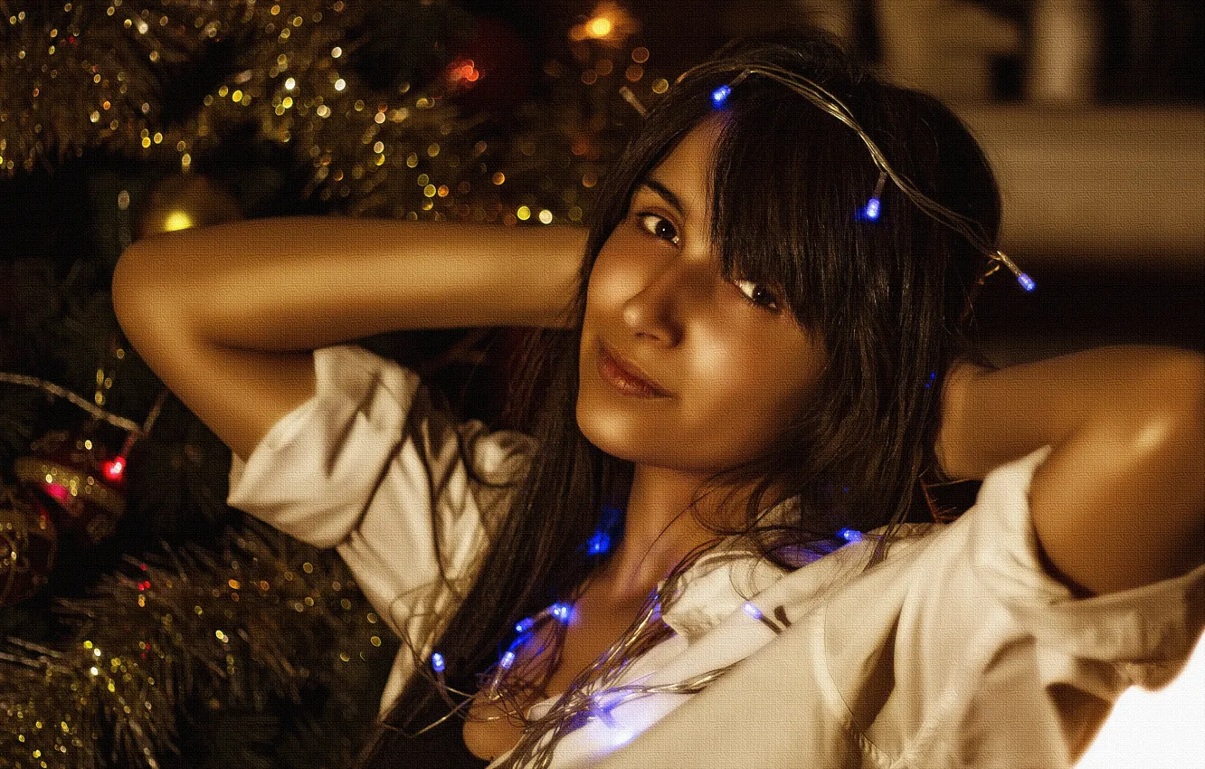 Photo wallpaper lights, girl, beautiful, look, pose, Christmas tree, Kide Fotoart