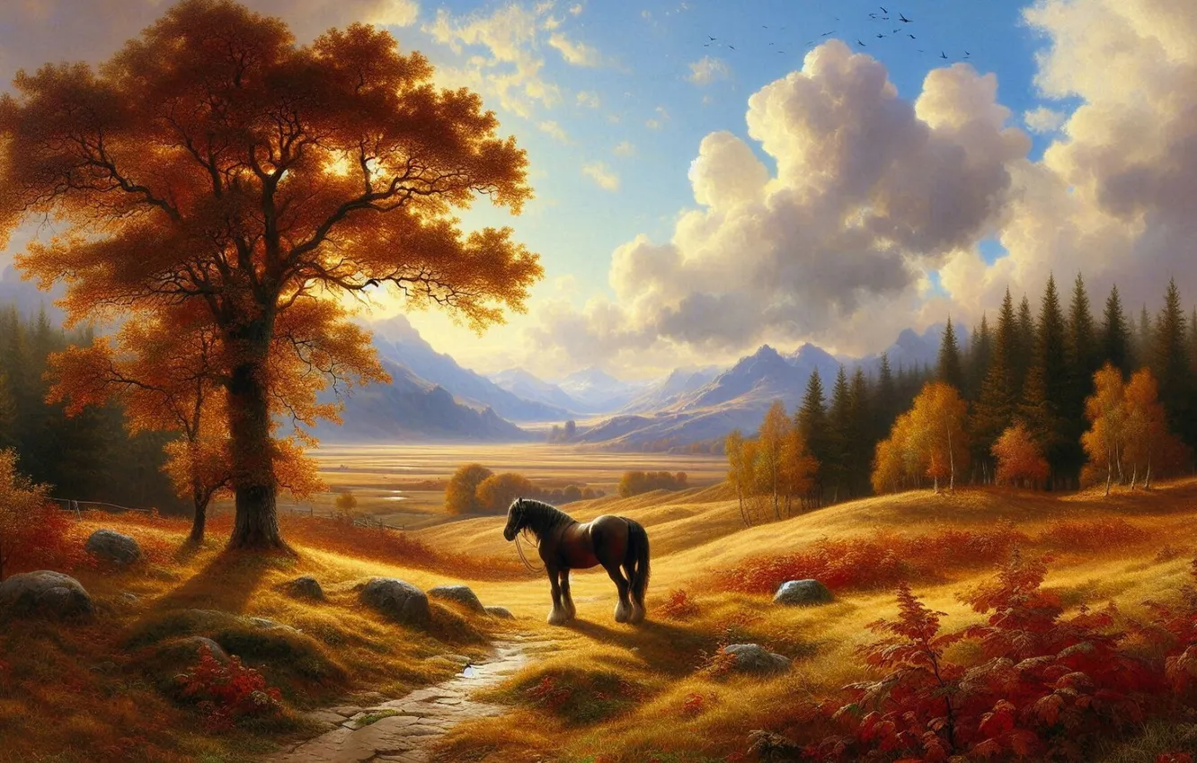 Photo wallpaper field, autumn, forest, light, trees, horse, horse, pasture
